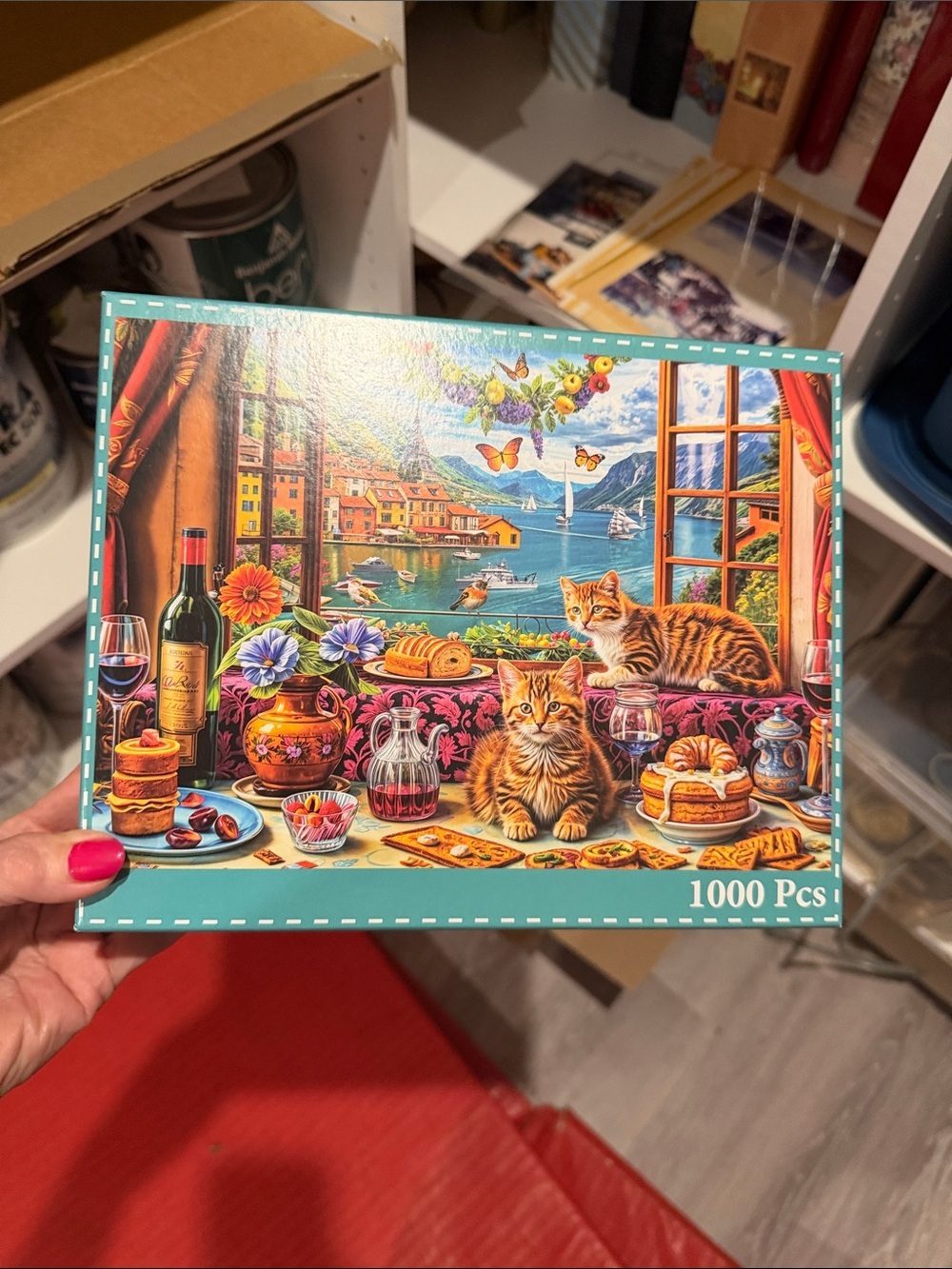 Wilson Cats by the Window Puzzle - Turquoise Border, Multicolor Artwork